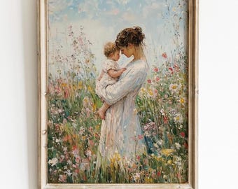 May include: A framed vintage print depicts a mother holding a child in a field of wildflowers. The artwork features soft pastel colors, with the figures in light-colored dresses. The print is framed in a light-toned wooden frame, with the text "Yorkshire Prints" at the bottom.