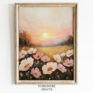 Pastel Pink Wildflower Landscape Print: Vintage Floral Wall Art (Digital Download)