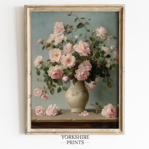 Vintage Floral Art Print - Romantic Pink Roses in Vase, Shabby Chic Wall Decor, Cottagecore Botanical Painting, French Country Home Wall Art