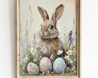 Vintage Easter Bunny Print, Rabbit with Eggs, Nursery Wall Art Digital Download
