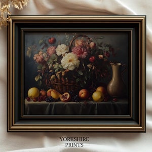 ヴィンテージの静物画アートプリント、花柄、フルーツバスケットの絵画、雰囲気のある花の壁アート、バロックの美学、素朴な室内装飾、雰囲気のある花柄プリント