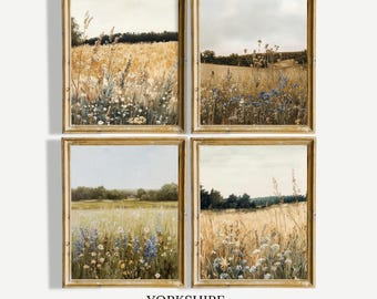 Wildflower Field Prints Set, Vintage Farmhouse Landscape (Digital Download)
