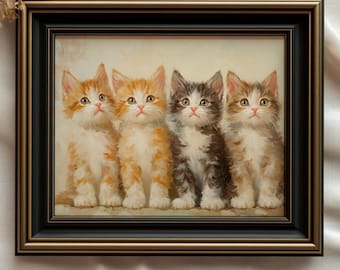 May include: A framed painting of four kittens sitting in a row. The kittens are all orange and white with black markings. The painting is set against a white background.