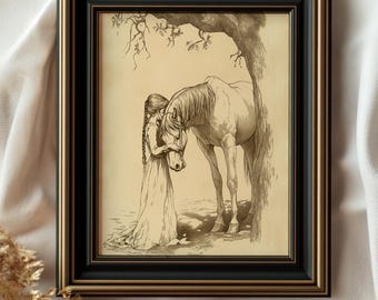 Vintage Horse and Girl Print: Rustic Equestrian Sketch (Digital Download)