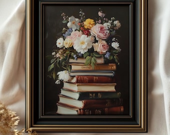 Printable Floral Dark Academia Print, Vintage Books & Flowers Print, Spring Home Decor