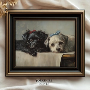 Vintage Puppies Art Print: Black and White Dog Oil Painting (Digital Download)