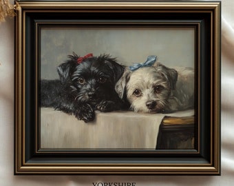 Vintage Puppies Art Print: Black and White Dog Oil Painting (Digital Download)