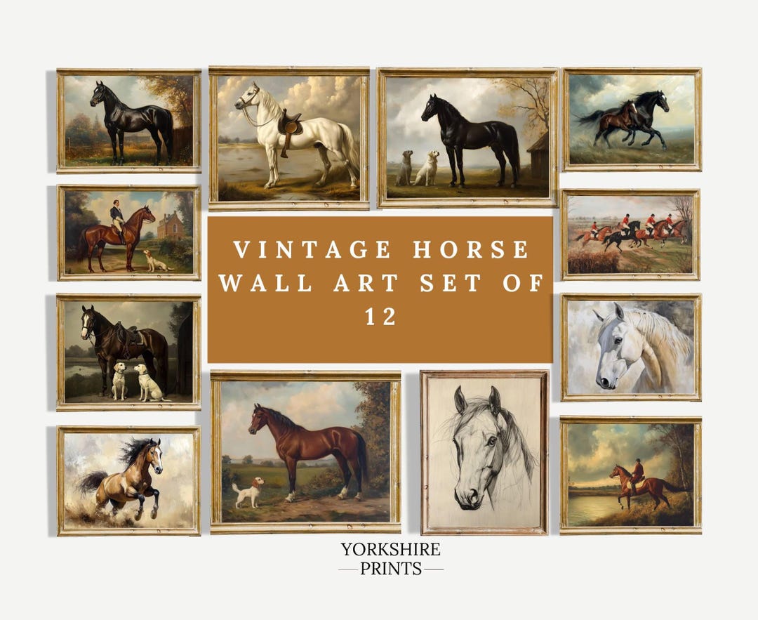 Vintage Horse Oil Painting Print Set of 12: Equestrian Farmhouse Wall ...