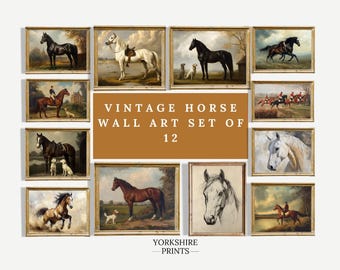 May include: A set of 12 vintage horse wall art prints in ornate gold frames. The collection features various paintings of horses in different settings, including portraits, landscapes, and equestrian scenes. The text "VINTAGE HORSE WALL ART SET OF 12" is displayed.