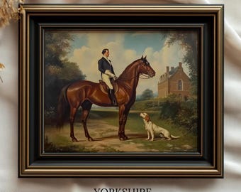 Vintage Equestrian Portrait: Horse Rider and Dog Art (Printable Art)