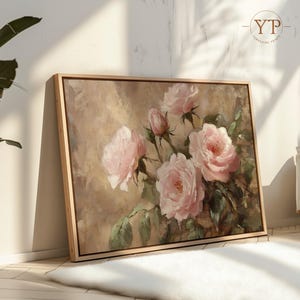 May include: A framed painting of pink roses with green leaves on a beige background. The roses are in various stages of bloom, with some fully open and others still in bud.