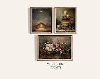 May include: Three framed wall art prints featuring a nativity scene under a bright star, a stack of vintage books with lit candles and red ribbon, and a floral arrangement of white flowers, red berries, and pinecones. Text reads YORKSHIRE PRINTS.