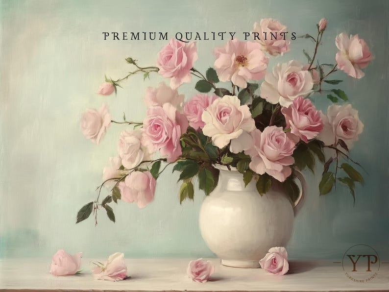 May include: A bouquet of pink roses in a white ceramic pitcher on a light blue background. The roses are arranged in a vase with green leaves. The text "PREMIUM QUALITY PRINTS" is at the top of the image.