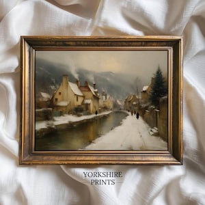 Impressão vintage de vila de inverno, pintura a óleo de cidade de montanha nevada, arte de parede rústica de Natal