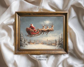 Sanie Świętego Mikołaja przelatujące nad wsią, sztuka ścienna w stylu vintage z motywem bożonarodzeniowym, renifer świąteczny do pobrania