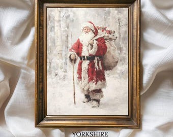 袋を持って歩くサンタクロース、クリスマスの冬の油絵、素朴な農家の壁