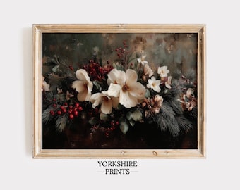 Vintage Christmas Floral Print: Moody Winter Botanical Art (Digital Download), Rustic Christmas Prints