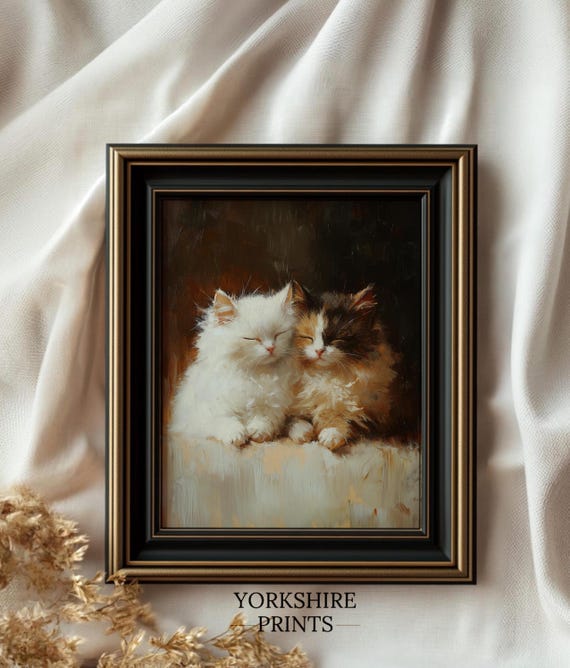 Vintage Sleeping Kittens Art Print: Moody Rustic Cat Painting (Digital Download)