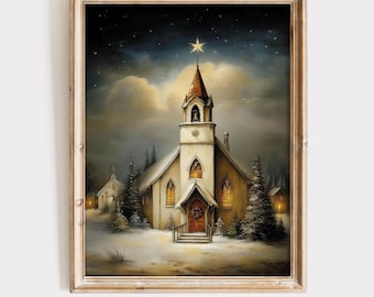 May include: A framed art print depicting a snowy winter scene with a church featuring a steeple, a glowing star at the peak, and a wreath on the door. The landscape includes evergreen trees and a dark, starry night sky. Text reads YORKSHIRE PRINTS.