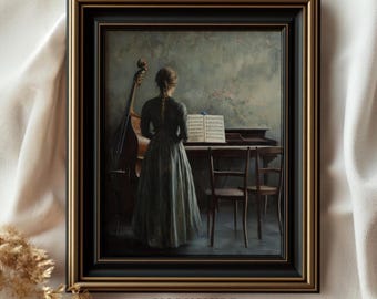 May include: A framed painting of a woman in a long, dark dress standing in front of a piano with sheet music on the stand. A large double bass is to the left of the woman. The painting is in a black frame with a gold trim.