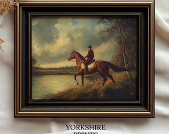 ヴィンテージ乗馬油絵プリント：イギリスの馬と騎手（デジタルダウンロード）