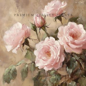 May include: A painting of a bouquet of pink roses with green leaves and stems against a beige background. The text "PREMIUM QUALITY PRINTS" is visible at the top of the image.