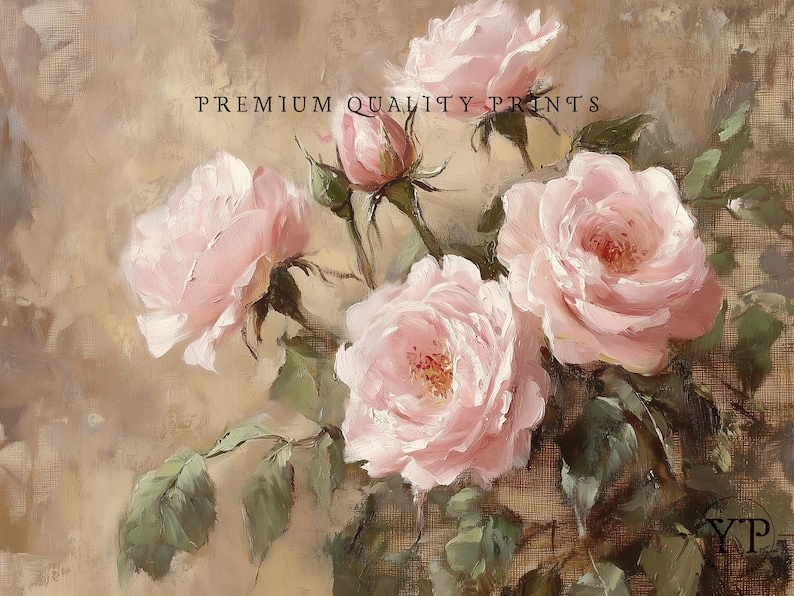 May include: A painting of a bouquet of pink roses with green leaves and stems against a beige background. The text "PREMIUM QUALITY PRINTS" is visible at the top of the image.