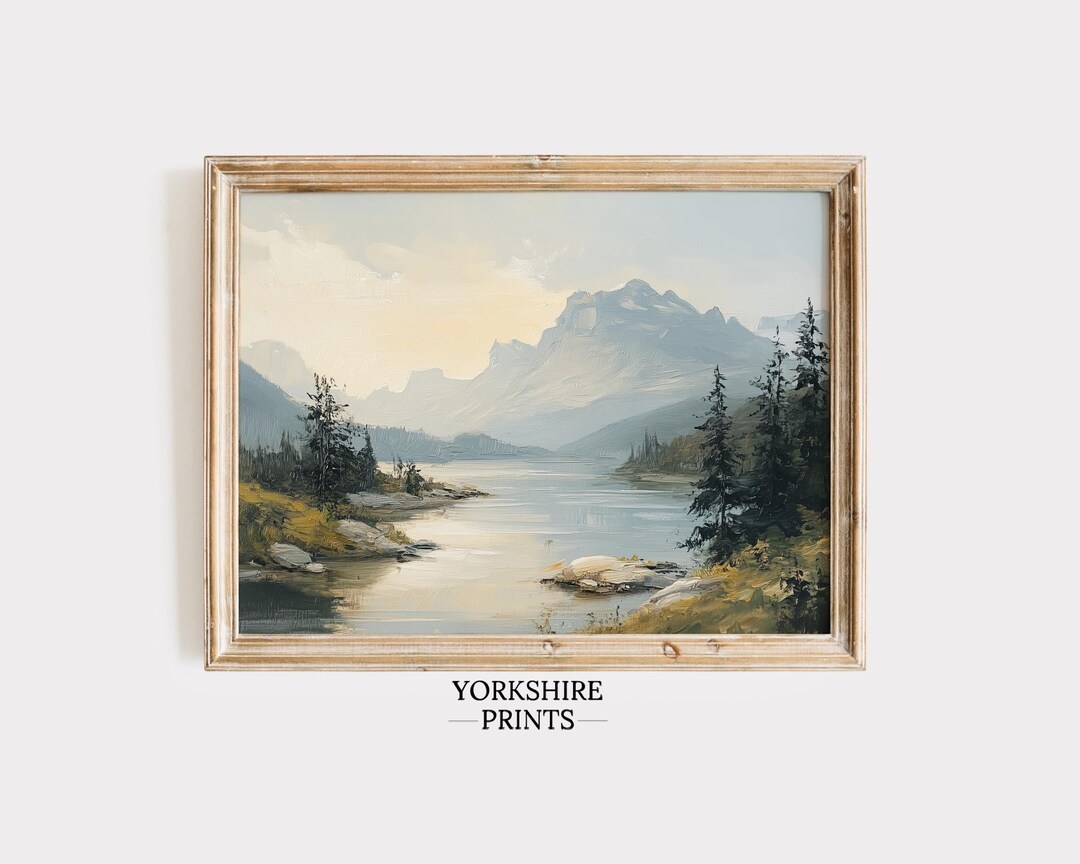 Mountain Lake Oil Painting Print: Rustic Cabin Wall Art (digital ...