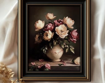 Vintage Peony Oil Painting Print, Romantic Floral Still Life, Spring Wall Art
