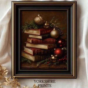 Moody Vintage Christmas Book Stack Print – Classic Holiday Decor with Ornaments, Pine, Berries – Rustic Library Wall Art, Moody Xmas Print