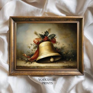 Elegant Vintage Christmas Bell Wall Art | Festive Gold Bell with Holly & Ribbon | Classic Holiday Decor | Printable Christmas Artwork