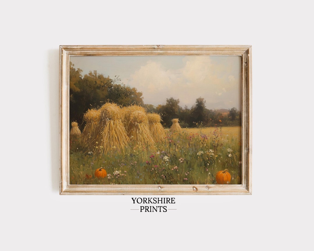 Vintage Autumn Hayfield Print: Rustic Pumpkin Patch Landscape (digital ...
