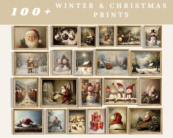 May include: A collection of 100+ winter and Christmas prints featuring various holiday scenes including Santa Claus, snowmen, festive ornaments, snowy landscapes, decorated trees, wrapped gifts, and candles, all displayed in a grid layout.