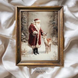 Arte mural navideño vintage de Papá Noel con renos, impresión rústica de Papá Noel, acogedor bosque invernal.