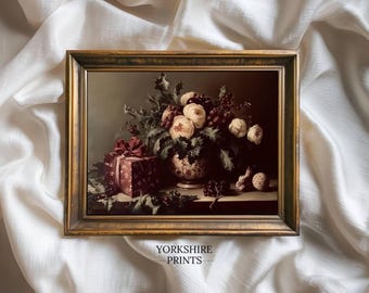 Vintage Christmas Floral Still Life Print: Moody Holiday Decor (Digital Download)