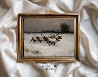Running Reindeer Digital Print | Vintage Winter Christmas Wall Art | Rustic Holiday Home Décor