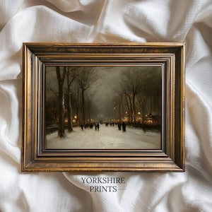 Vintage Winter Evening Stroll Digital Print | Moody Christmas Wall Art | Snowy Street Scene