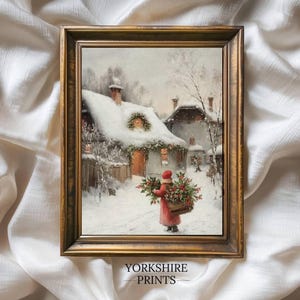 Vintage Winter Cottage Print: Snowy Christmas Village Scene (Digital Download)