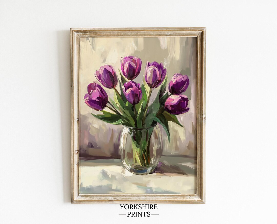 Purple Tulip Bouquet Digital Wall Art - Vintage Tulip Oil Painting ...