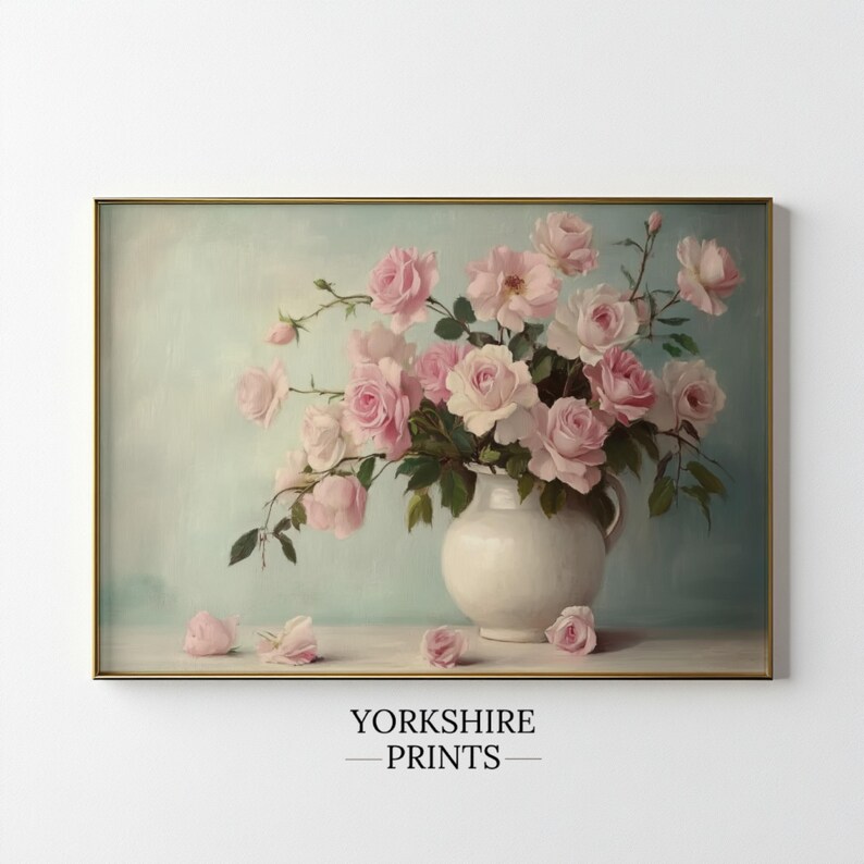 May include: A vintage-style painting of a bouquet of pink roses in a white vase against a light blue background.
