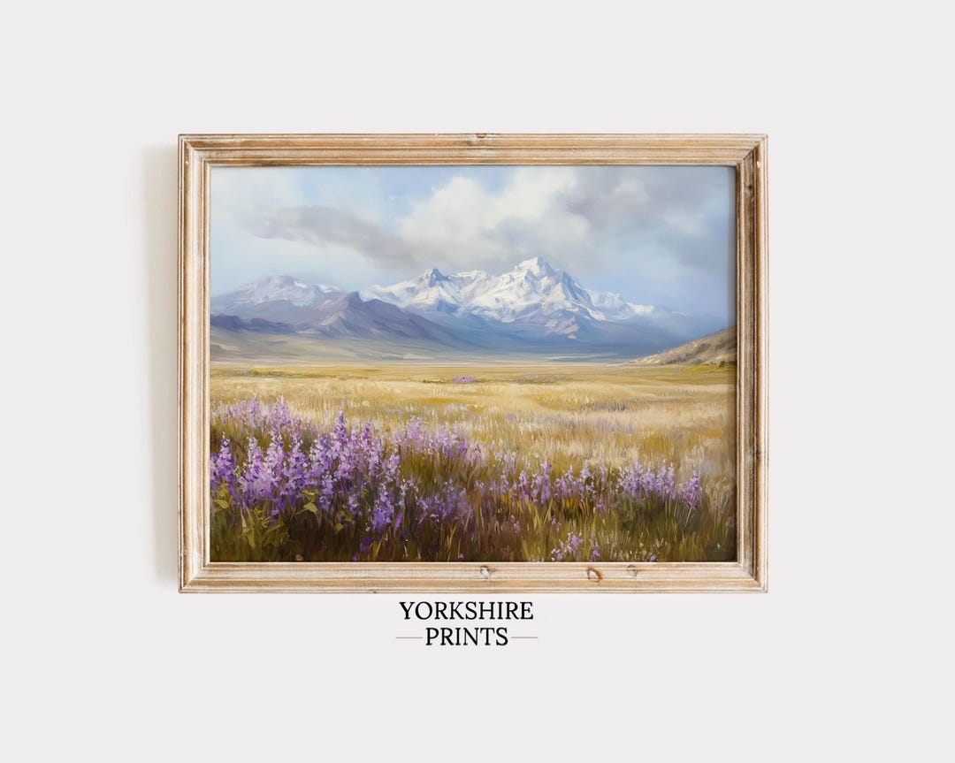 Vintage Spring Mountain Landscape Print, Lavender Wildflowers Wall Art ...