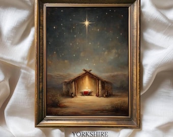 Impresión vintage de belén, obra de arte de estrella de la Nochebuena, arte mural navideño rústico, descarga digital