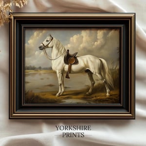 Vintage White Horse Oil Painting: Equestrian Farmhouse Art (Digital Download)