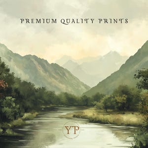 May include: A painting of a river flowing through a valley with mountains in the background. The river is surrounded by trees and grass. The mountains are covered in fog. The painting is in a muted green and brown color palette. The text "PREMIUM QUALITY PRINTS" is at the top of the image. The text "YP" is at the bottom of the image.