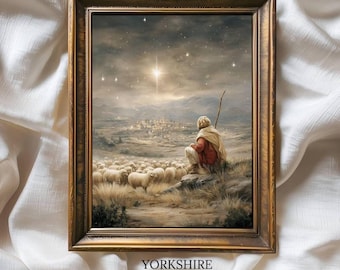 Hirte Stern von Bethlehem Krippe, Vintage Weihnachtsölgemälde, Heilige Nacht Wandkunst