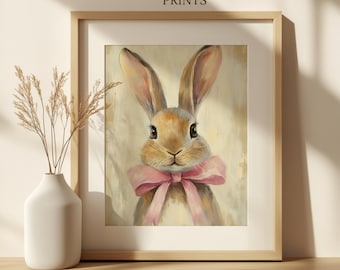 Vintage Easter Bunny Print, Farmhouse Rabbit with Pink Bow Digital Download, Spring Decor