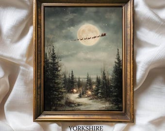 Impresión digital de Papá Noel en trineo volador / Cuadro al óleo navideño de luna llena estilo vintage para pared