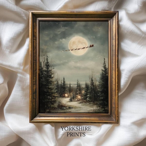 Weihnachtsmann Schlitten fahren Digitaldruck | Vintage Vollmond Weihnachten Ölgemälde Wandkunst