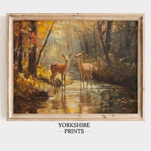 Vintage Autumn Deer Oil Painting | Woodland Fall Landscape Wall Art | Rustic Forest Wildlife Print | Cozy Nature Home Decor, Fall Wall Art