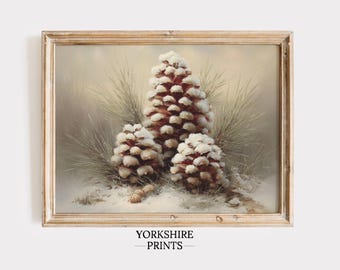 Snowy Pinecone Wall Art, Vintage Winter Nature Printable, Rustic Christmas Holiday Digital Download